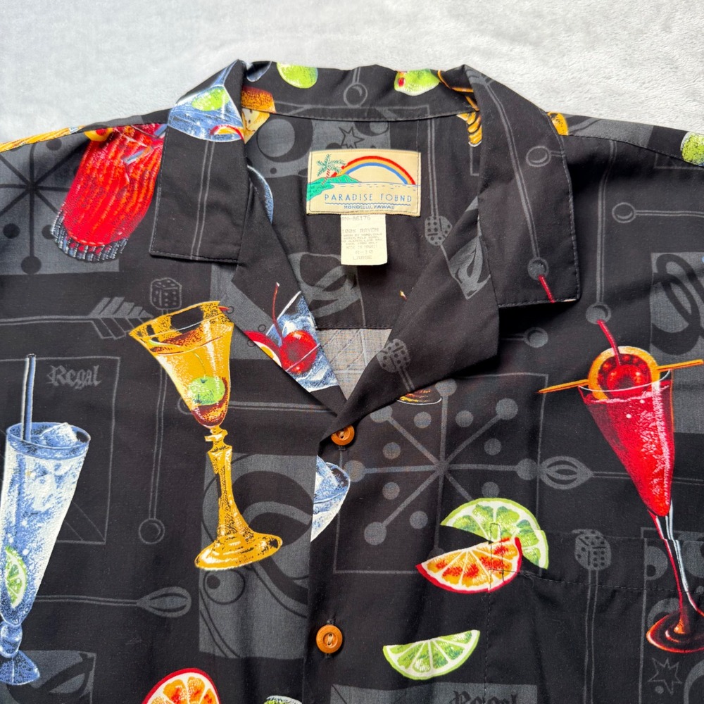 Paradise Found Honolulu Hawaii Large Rayon Cocktail Martini Aloha Shirt Black